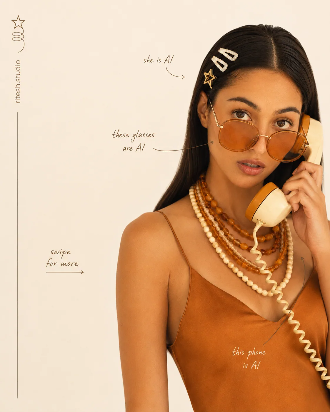 Amber fashion portrait with yellow phone and small AI annotations