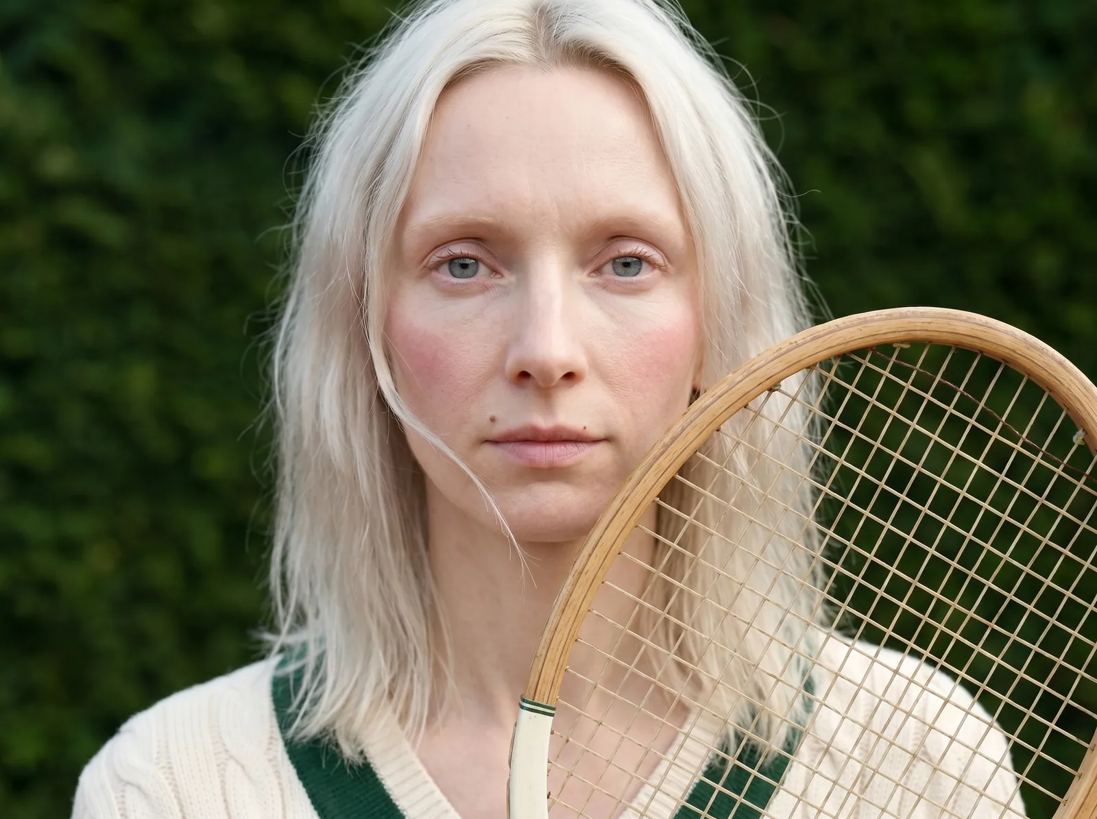 Close portrait with a wooden tennis racket