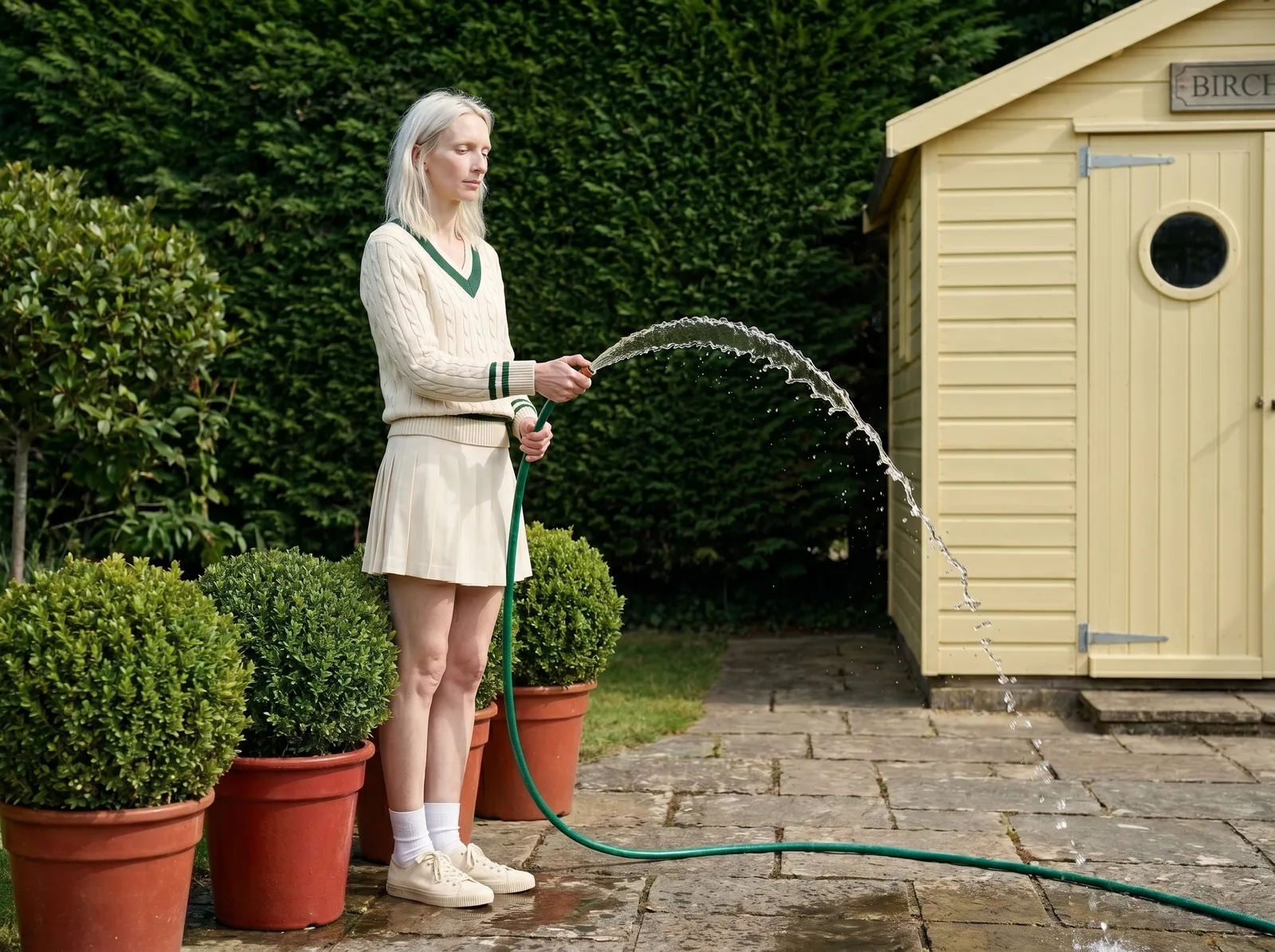 Man watering plants beside a yellow garden shed
