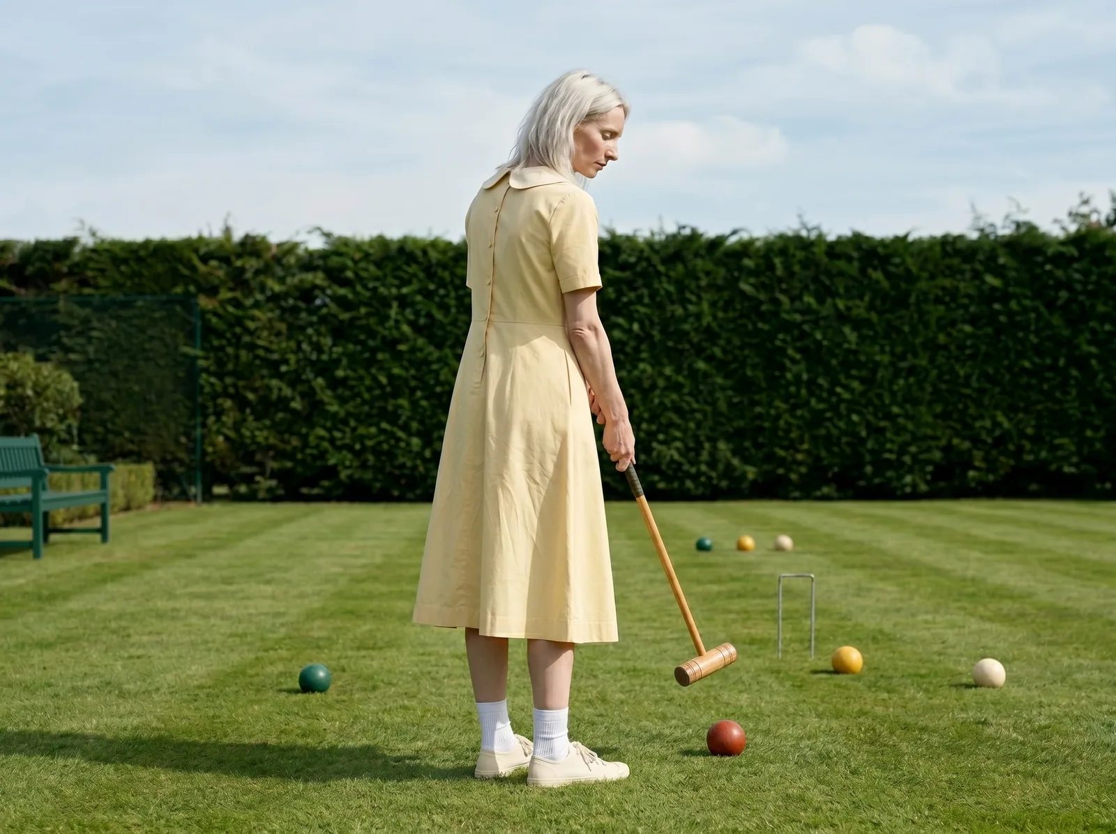 Woman in a yellow dress on a croquet lawn