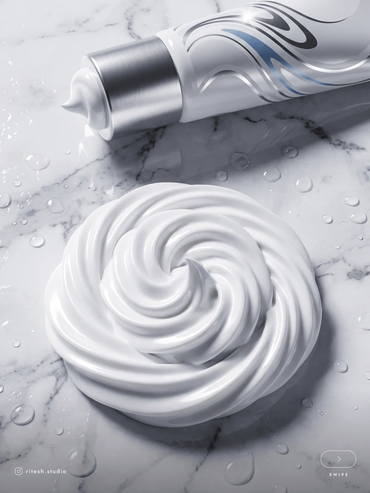 Skincare bottle beside a spiral of cream and water droplets