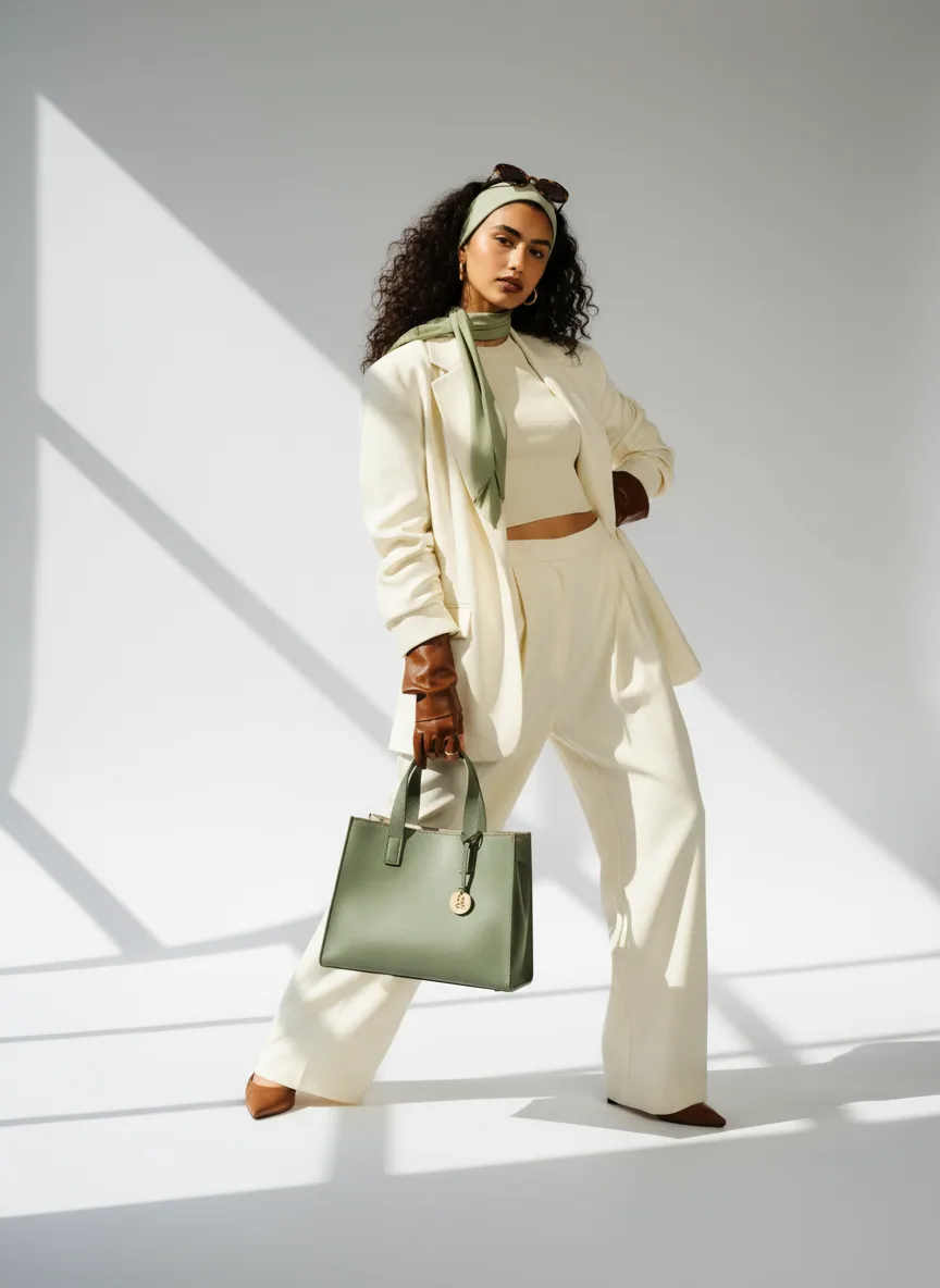 Woman walking through geometric shadows with a green tote