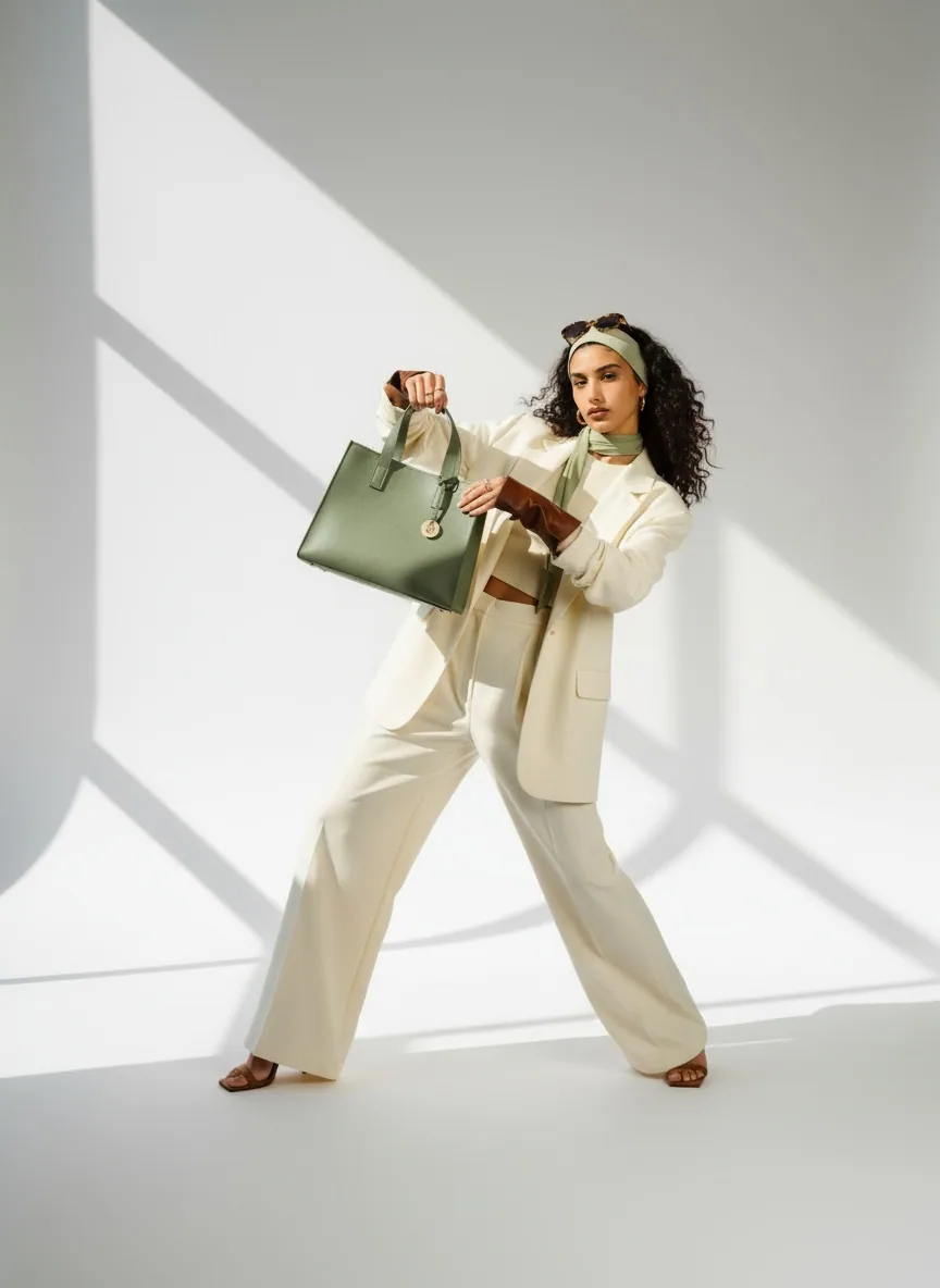 Green tote carried against an ivory suit and a white studio wall