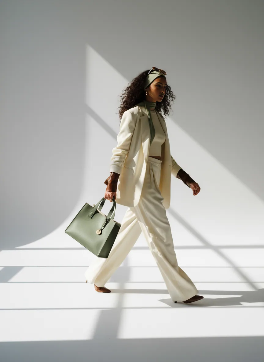 Side view of an ivory outfit and green tote