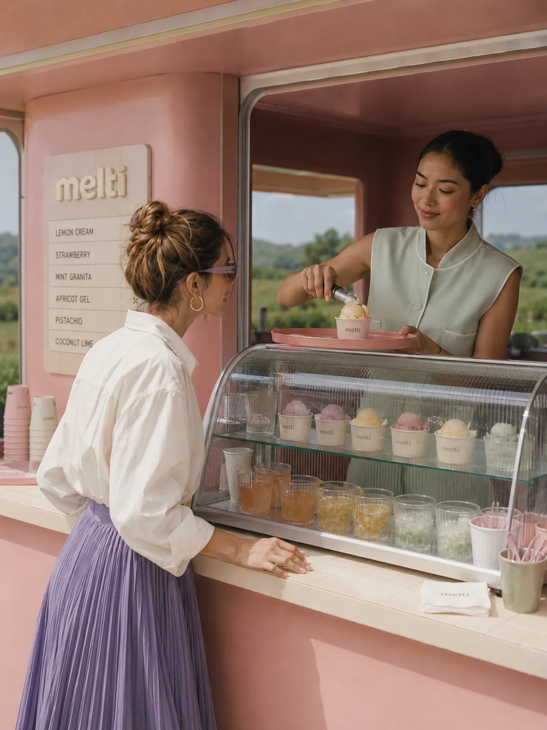 Ice cream being served at the pink shop counter