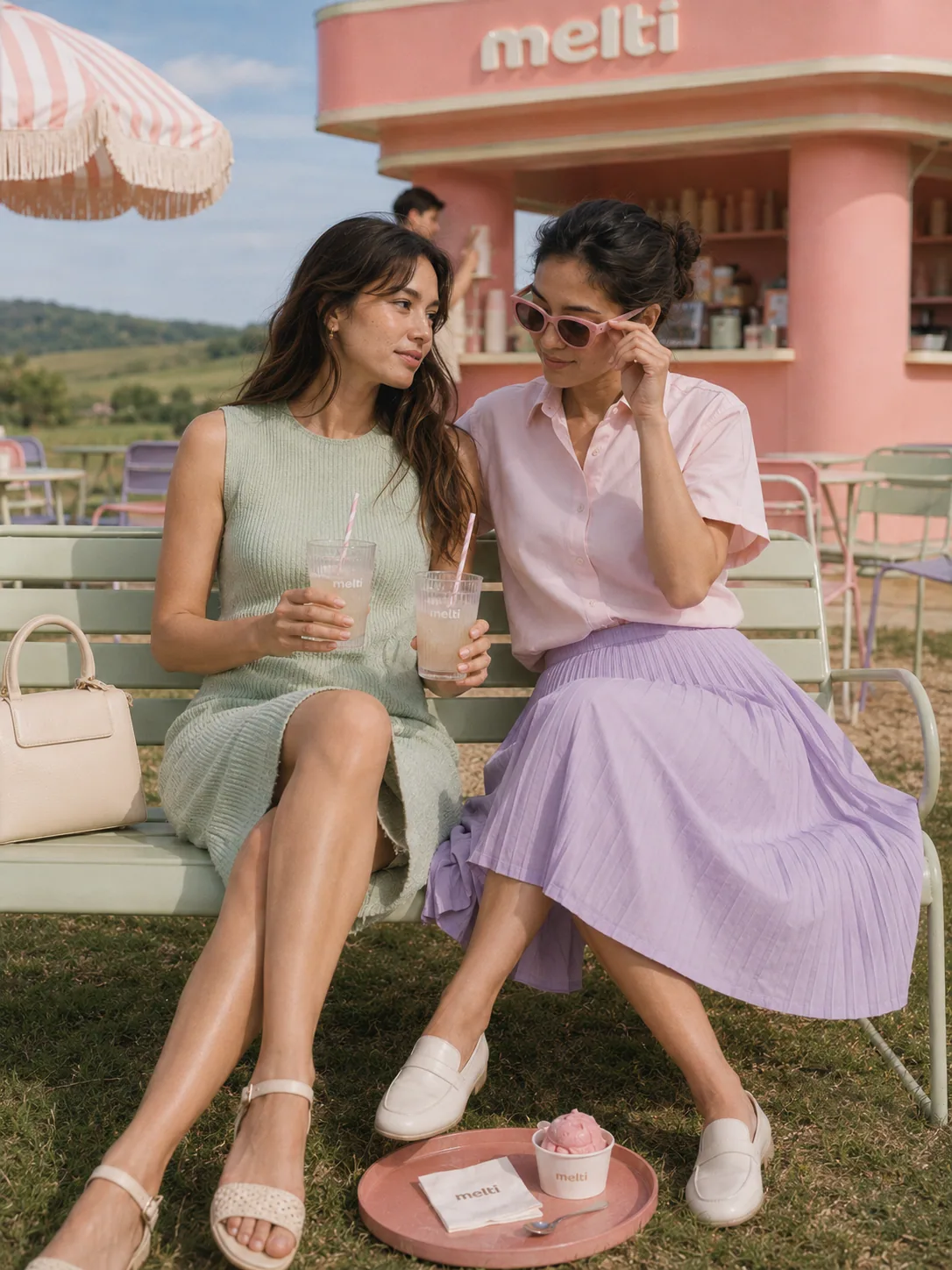Two women sharing ice cream on a bench