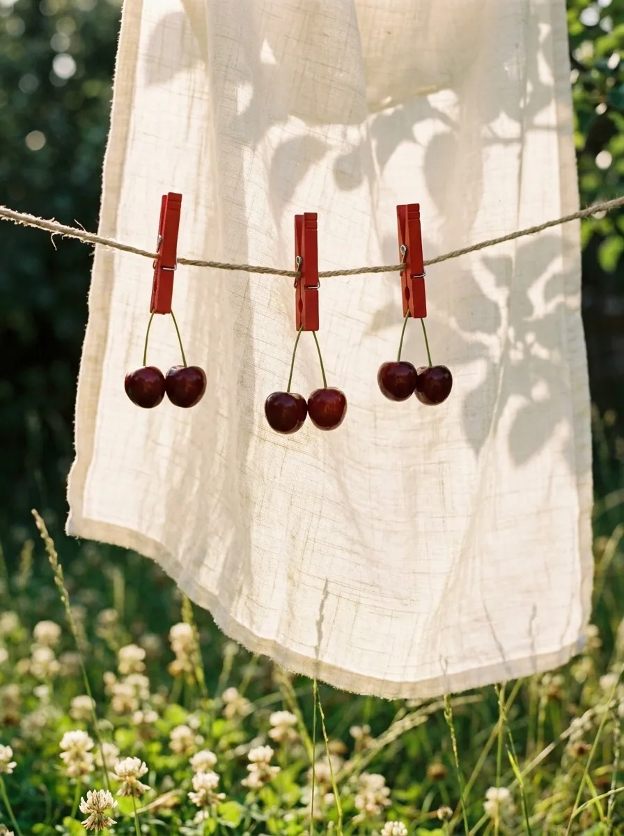 Pairs of cherries hanging from a washing line in sunlight